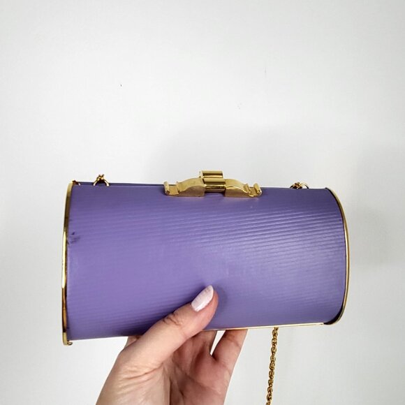 Vintage Purple Cylinder Evening Bag with Gold Chain & Twist-Lock Clasp – Unique - Picture 3 of 7
